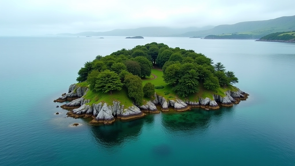 Aerial view of Garinish Island surrounded by blue-green waters of Bantry Bay, mainland cliffs visible in distance