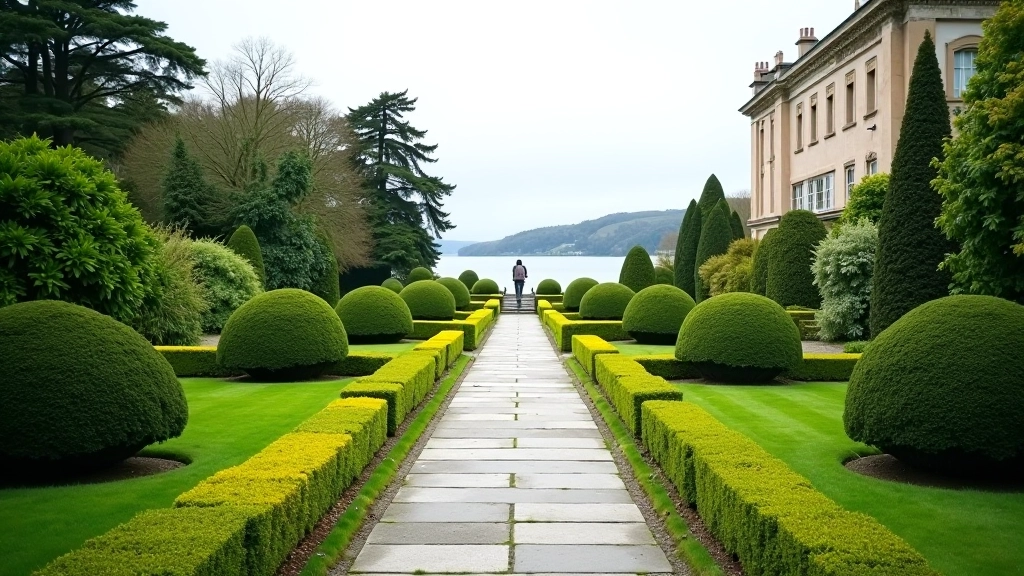 Italianate garden with symmetrical pathways, formal hedges, and classical architecture elements in soft natural light