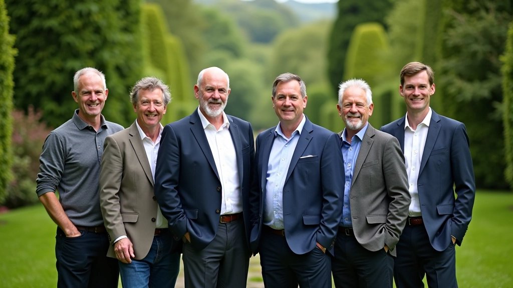 Group of knowledgeable tour guides standing together in garden setting, wearing professional attire