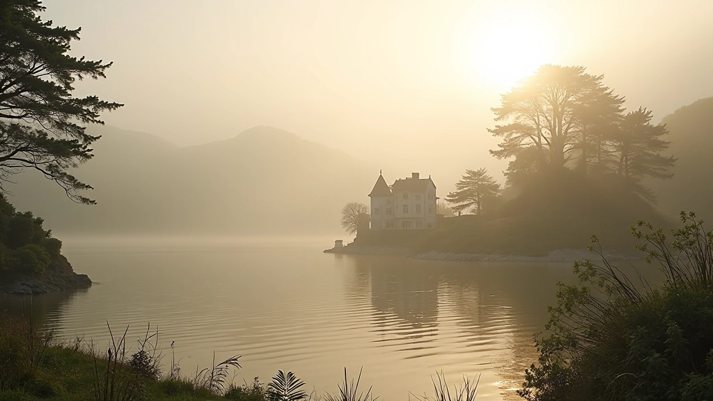 Garinish Island viewed across water from mainland, formal garden structures visible, misty atmospheric morning light