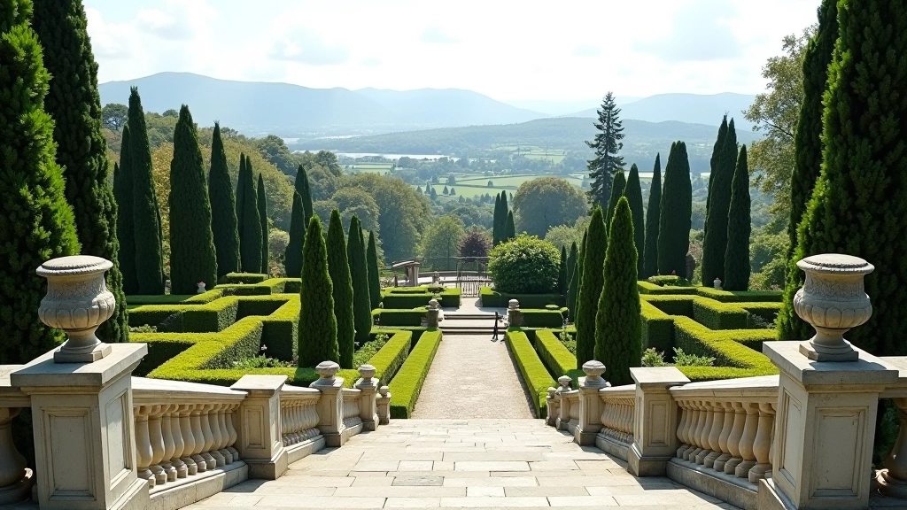 Stone balustrade overlooking terraced Italian garden with distant valley landscape, cypress trees, and classical sculpture