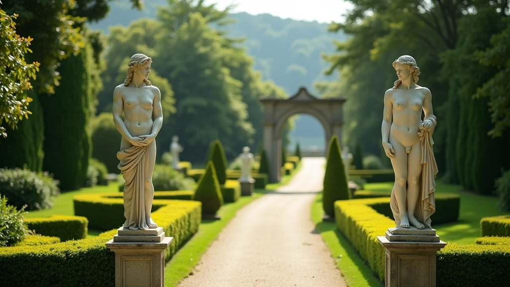 Ornate Italian-style stone statuary and architectural details in a formal garden setting with manicured hedges