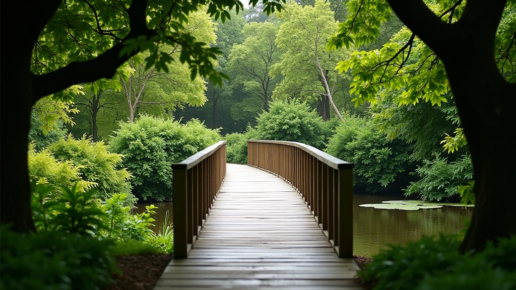 Footbridge pathway surrounded by Italian-style gardens and woodland setting
