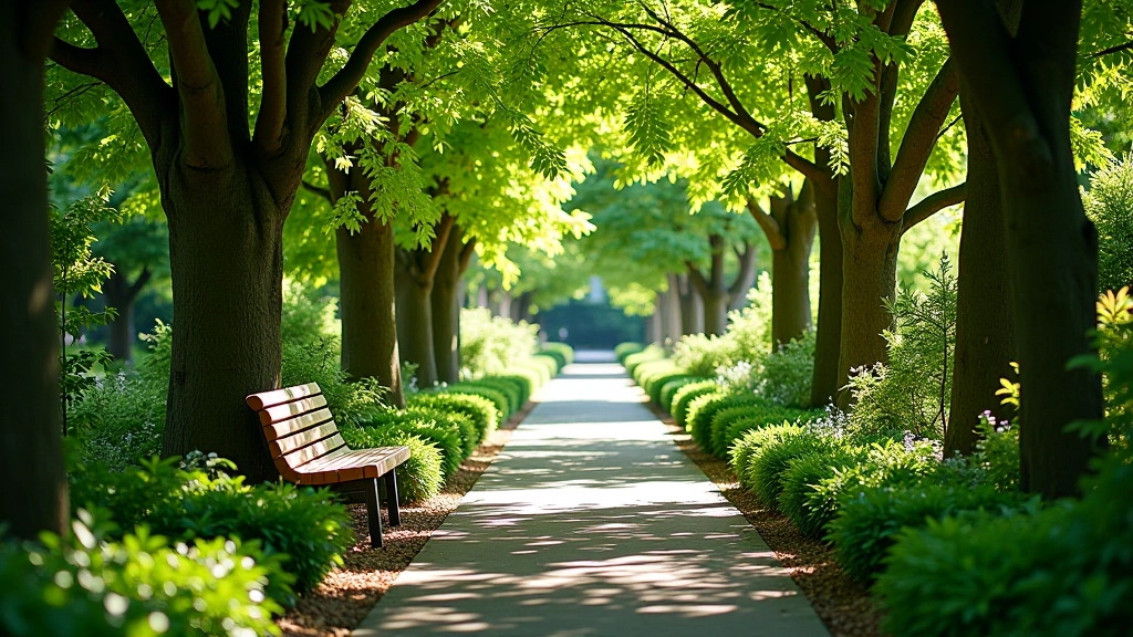 Peaceful garden path with benches, shade trees, and manicured landscape, inviting for relaxation and walking