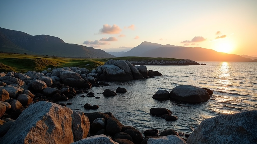 Rocky headland jutting into blue-green waters with distant mountains, dramatic coastal landscape under partly cloudy sky