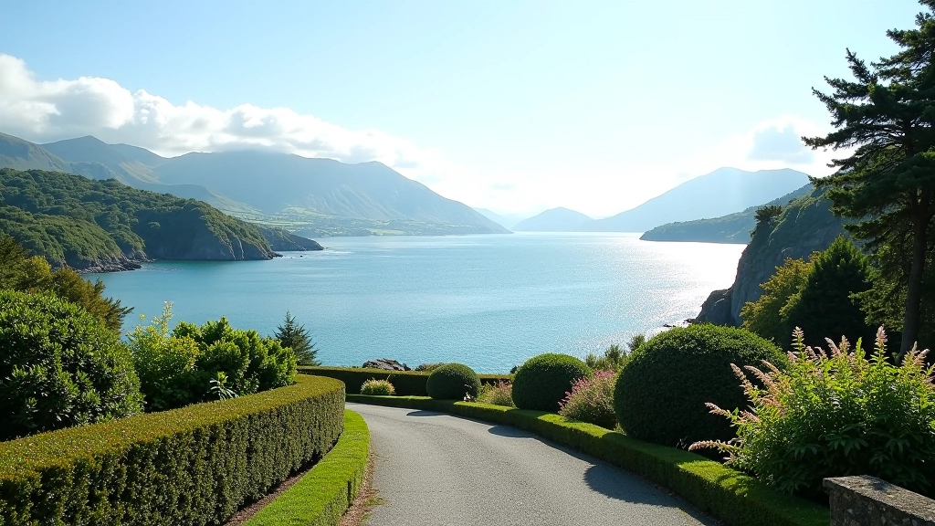 Panoramic view across Bantry Bay from Garinish Island with distant mountains and blue water