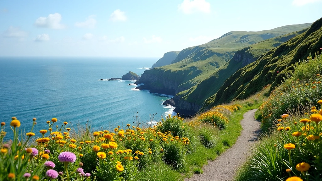 Scenic coastal overlook with bay view, walking path in foreground, wildflowers blooming on cliff edge, dramatic water vista