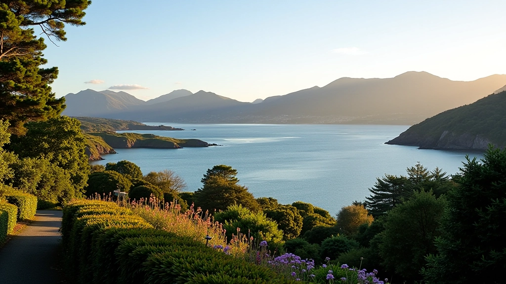 Panoramic coastal view of Bantry Bay with mountains in the distance, seen from a elevated garden viewpoint