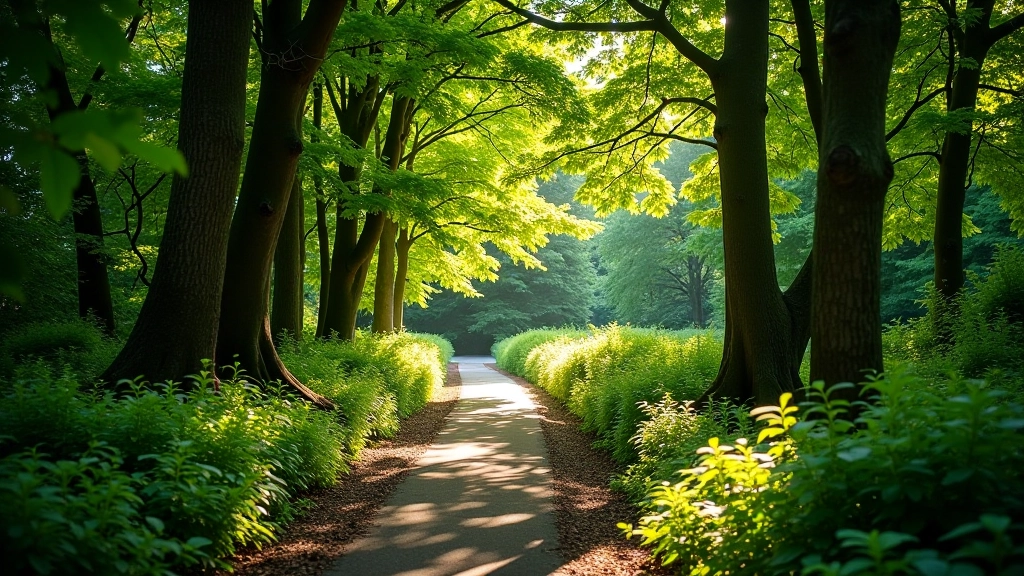 Peaceful woodland walking path with mature trees creating a natural canopy overhead and dappled sunlight on the ground