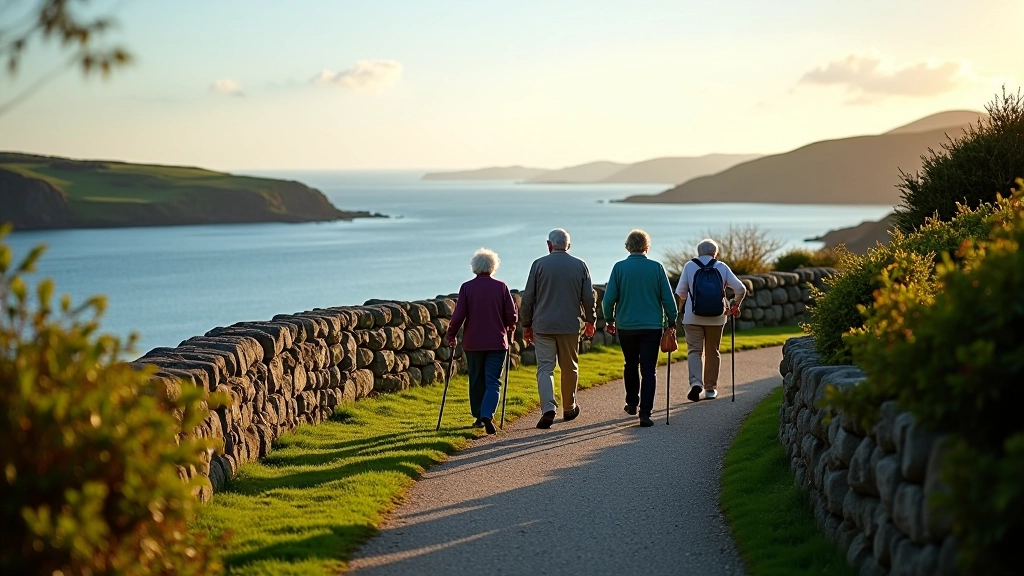 Small group walking on coastal footpath with bay views