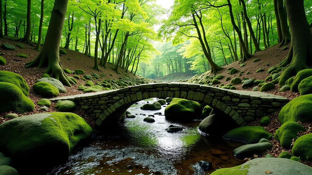 Stone footbridge spanning across a wooded stream with lush green vegetation surrounding it