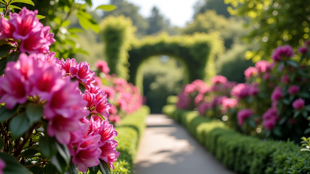 Blooming rhododendrons and azaleas in formal garden setting during spring season