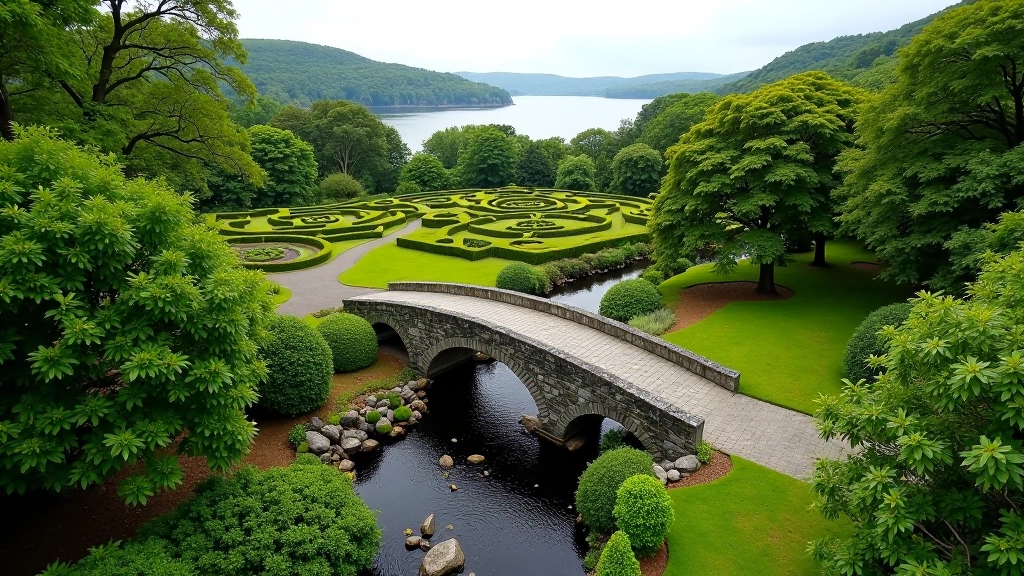 Scenic wooded island with stone footbridge and lush green gardens overlooking water