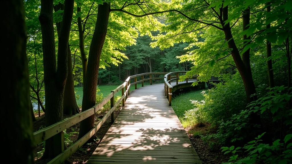 Wooden hiking trail with gentle slope through mature forest, dappled sunlight creating patterns on the path, peaceful woodland setting