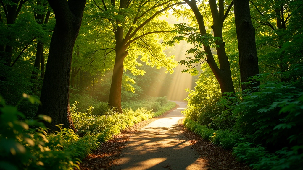Sunlit woodland path with dappled shadows, mature trees creating natural frame around path leading deeper into forest